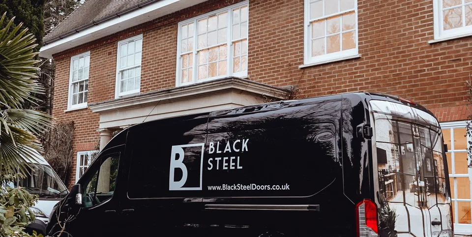 Black Steel Doors branded van outside a customer house