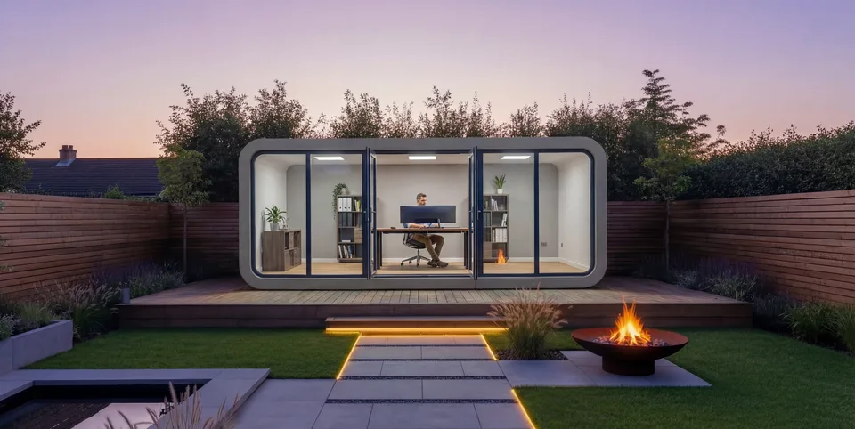 GoMo garden pod at dusk, fitted out as a home office