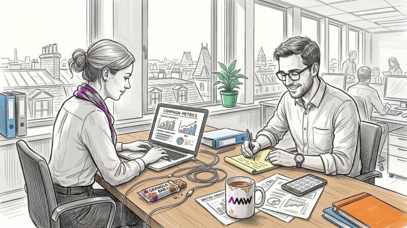 Marketing team collaborating in casual office setting