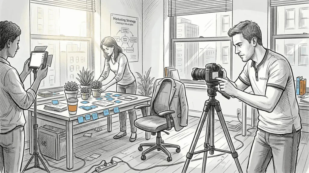 Team preparing office video shoot with camera setup