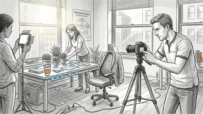 Team preparing office video shoot with camera setup