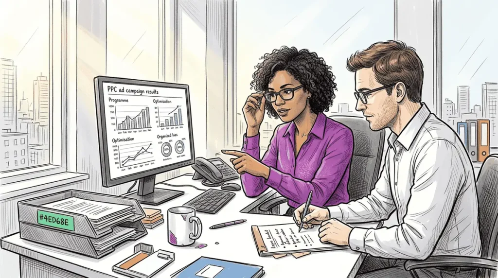 Business team reviewing PPC ads in office