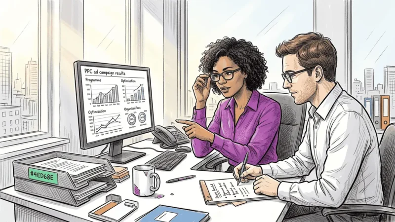 Business team reviewing PPC ads in office