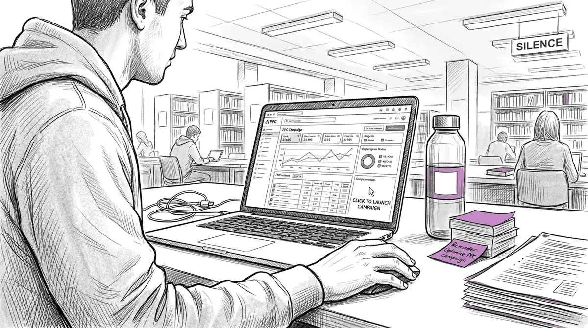 Marketer launching PPC campaign at desk