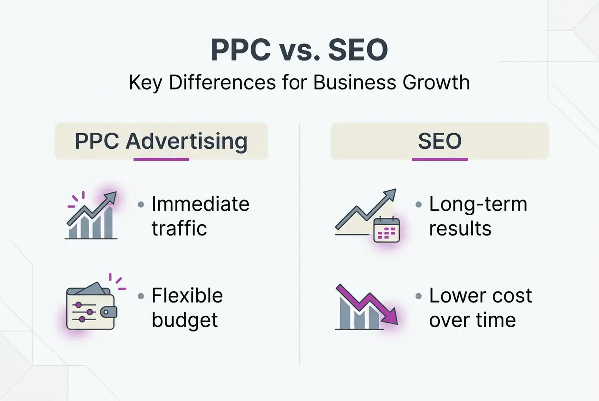 Infographic comparing PPC and SEO for business