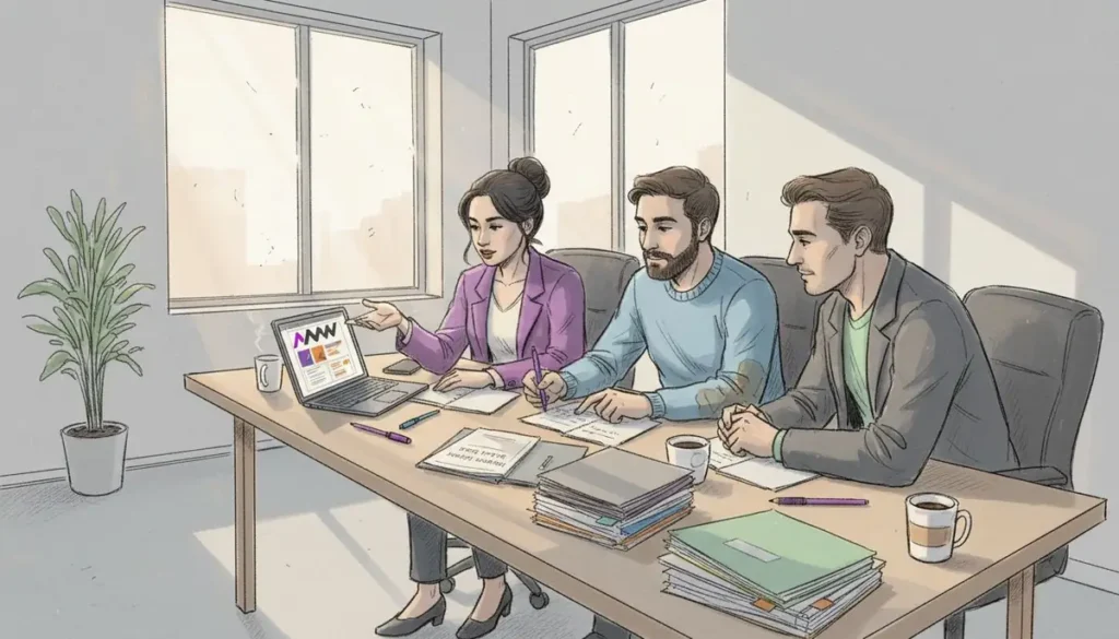 Three colleagues reviewing marketing work together on a laptop