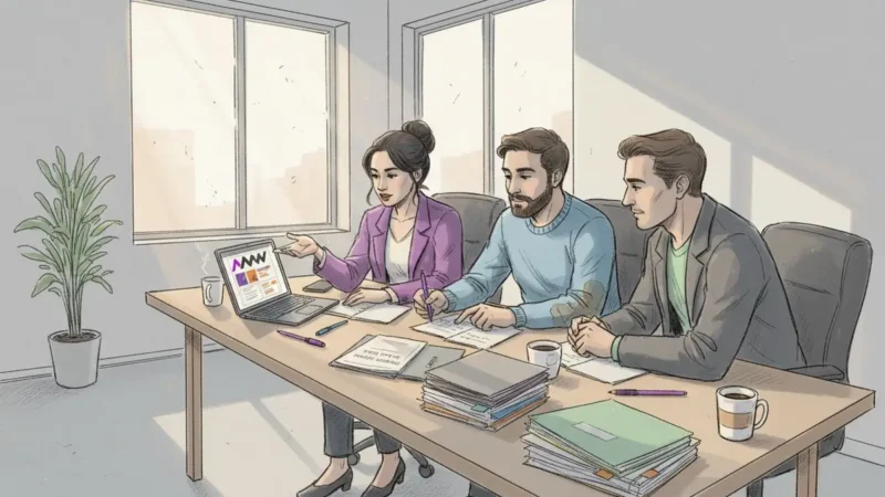 Three colleagues reviewing marketing work together on a laptop