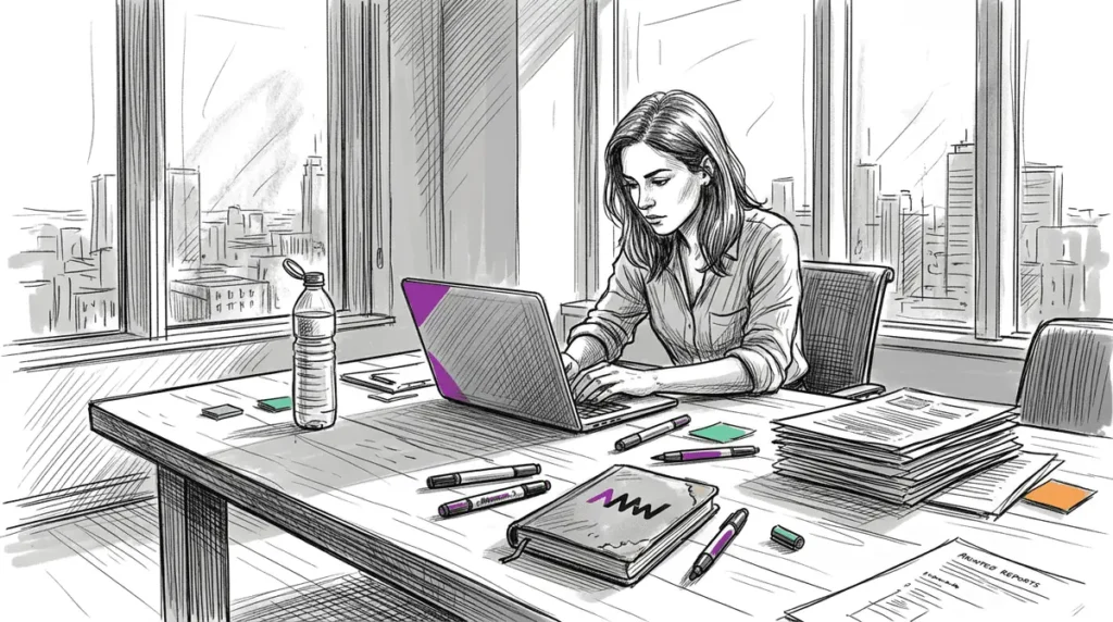 Brand strategist reviewing content drafts in corner office
