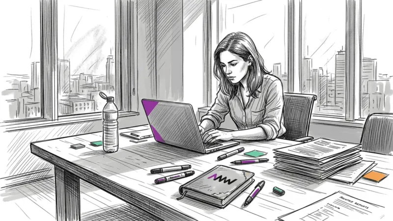 Brand strategist reviewing content drafts in corner office