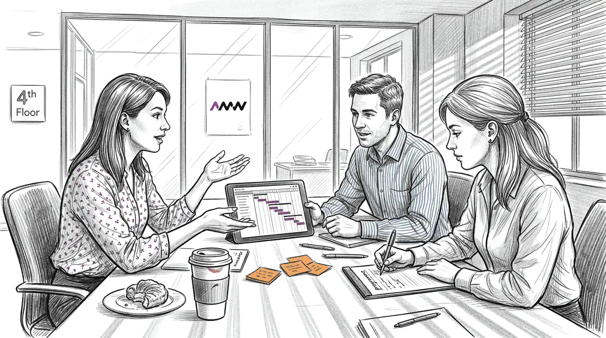 Team reviewing marketing plan at messy table