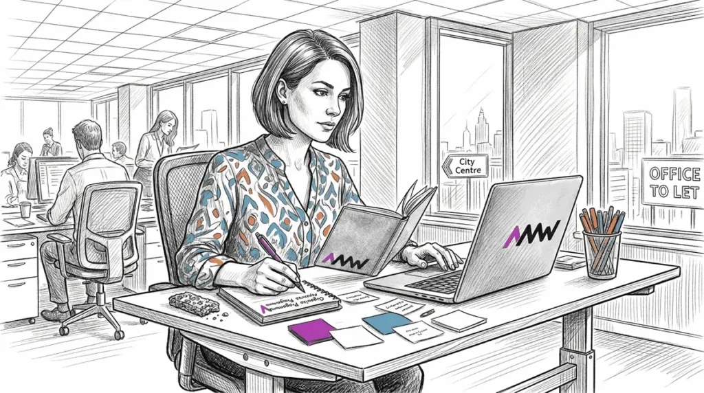Marketer planning content at corner office desk