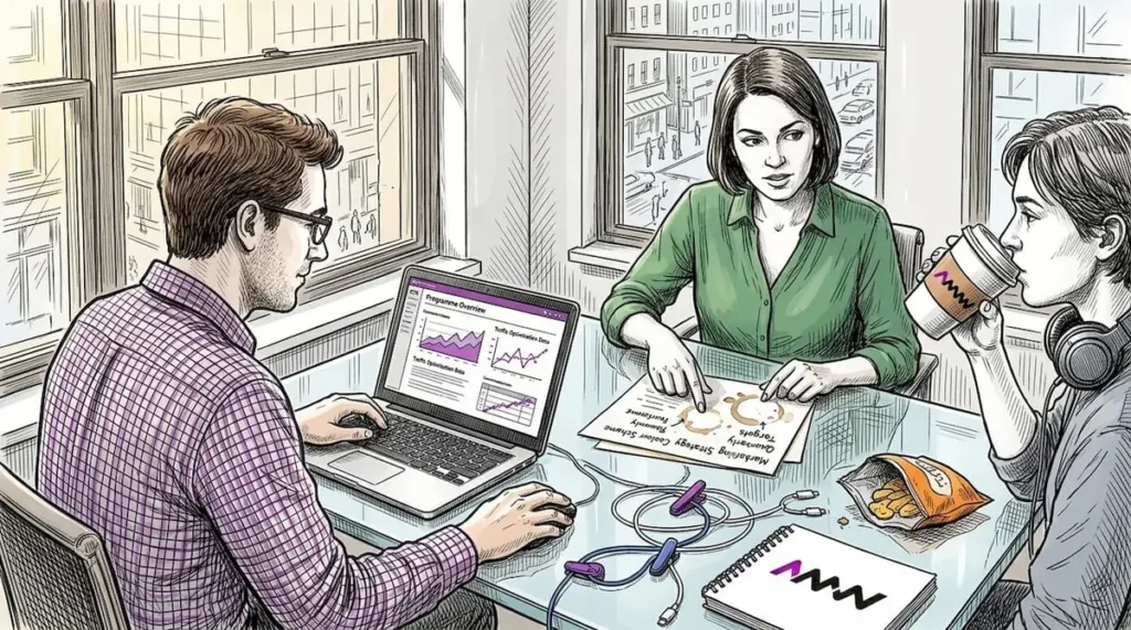 Digital marketers collaborating in corner office