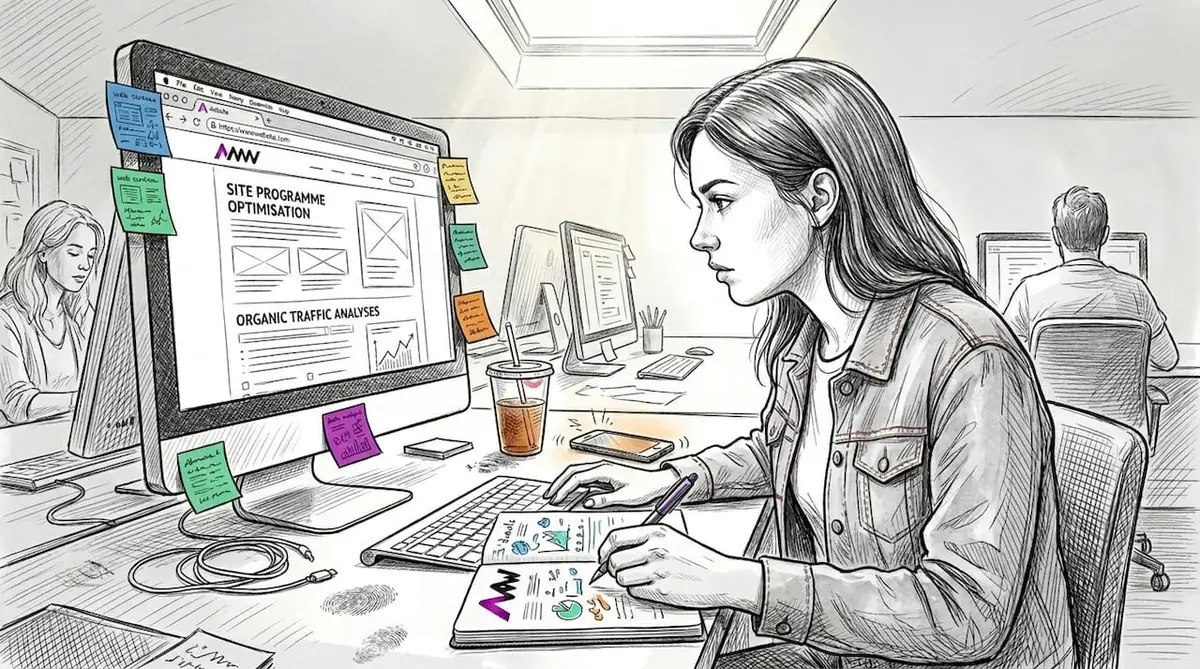 SEO specialist working at messy shared desk