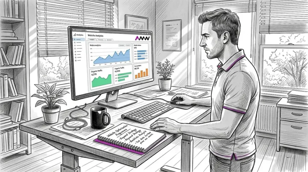 SEO specialist at home office desk reviewing website data