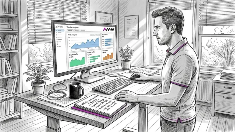 SEO specialist at home office desk reviewing website data
