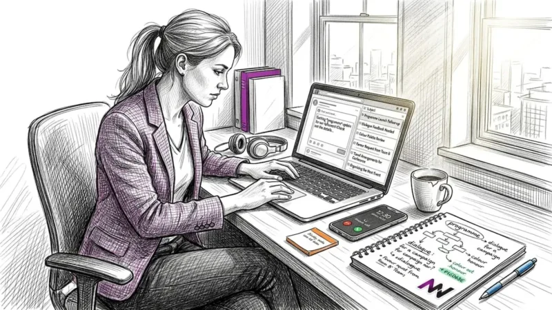 Marketer creating social media content in office