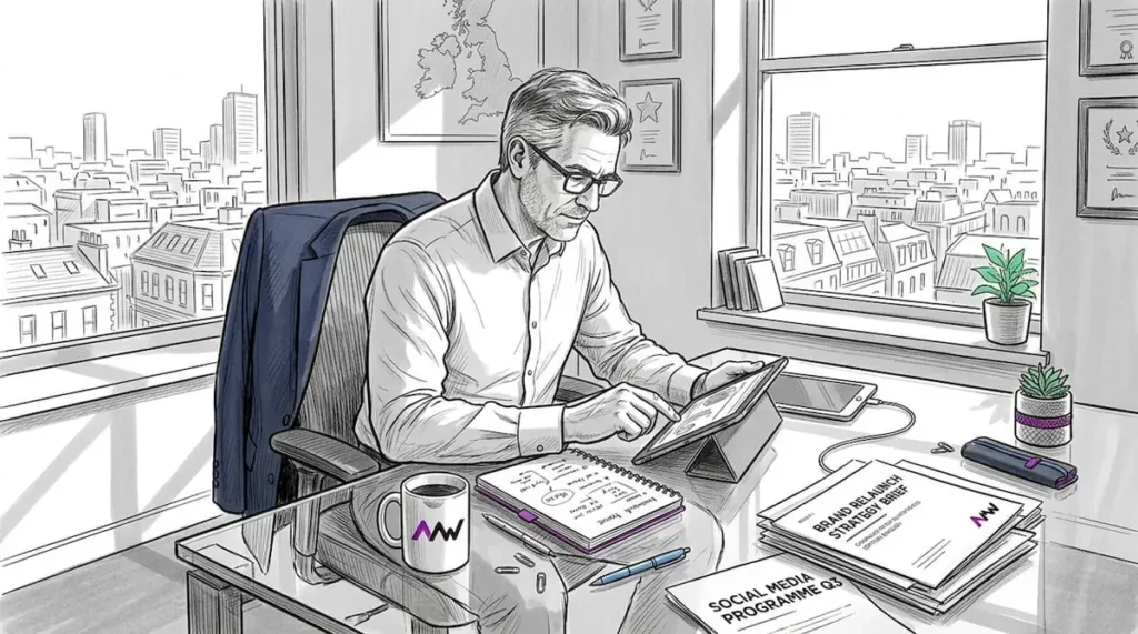 Marketing manager reviewing strategy notes at desk