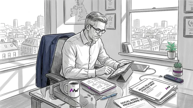 Marketing manager reviewing strategy notes at desk