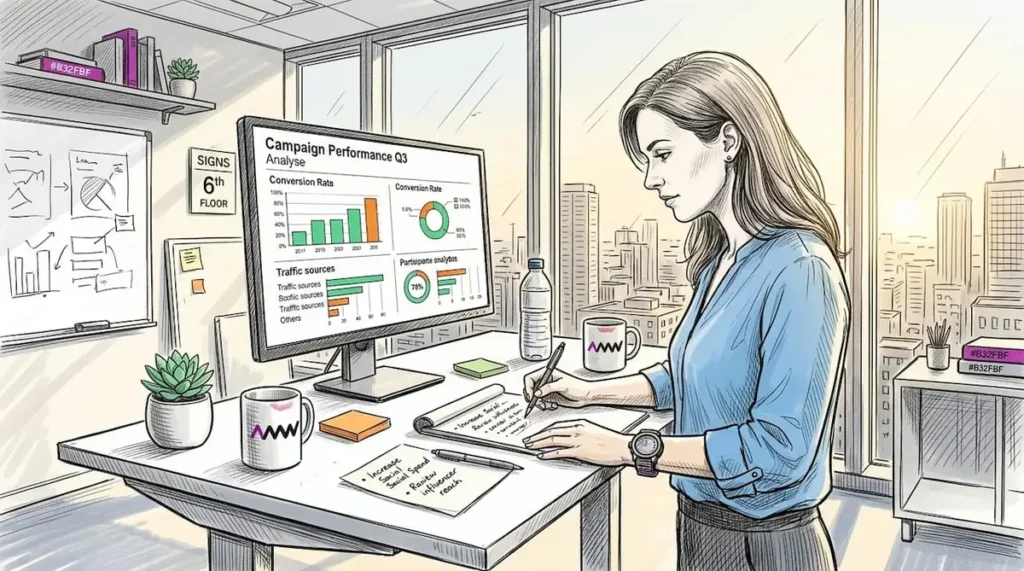 Marketing manager reviews digital strategy analytics