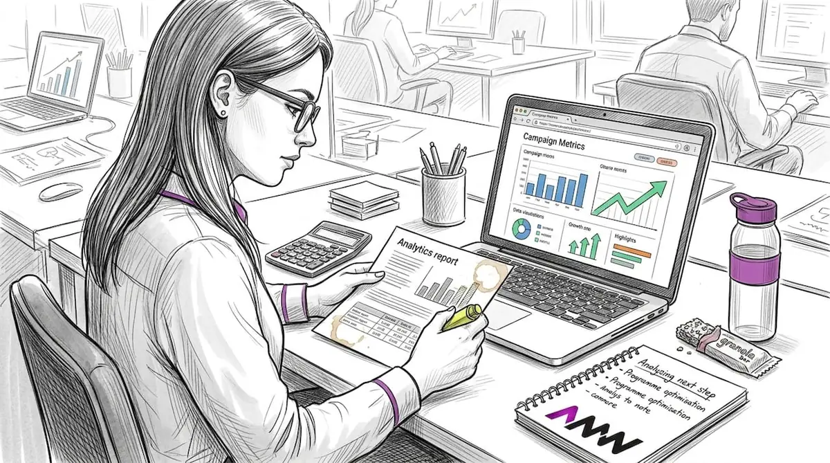 Analyst reviewing campaign results report