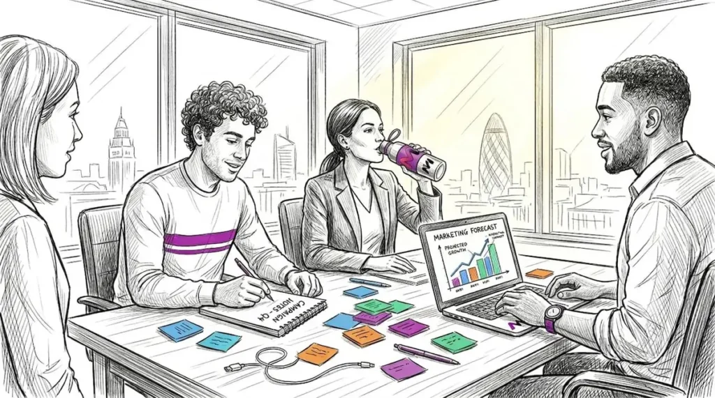 Marketers planning at corner office table