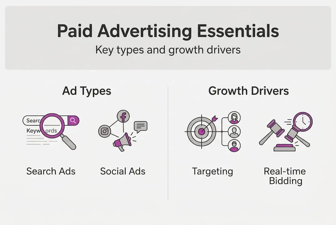 Infographic showing paid advertising types and drivers