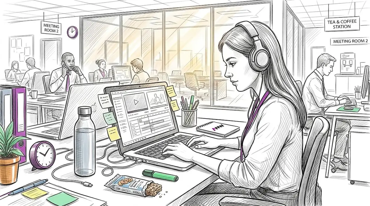Marketer editing video ad at office desk