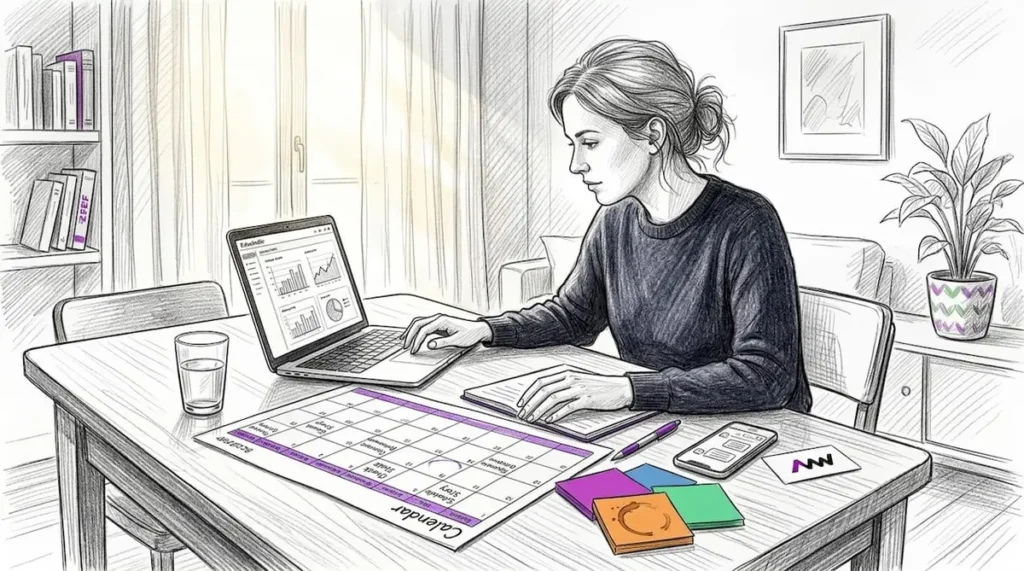 Marketer planning social media campaign at home table