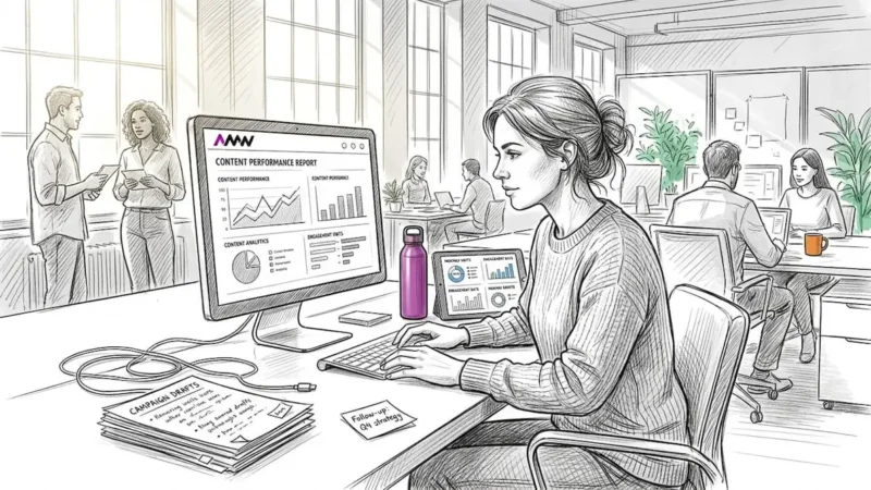 Marketing manager analyzing brand content at desk