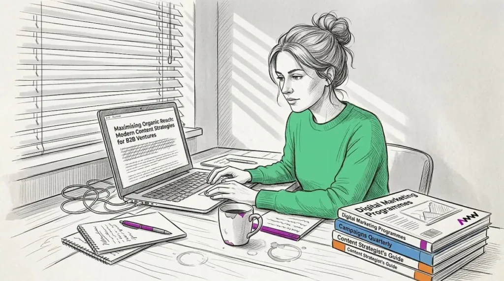 Content marketer writing at home office desk