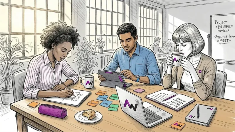 Creative agency team brainstorming at desk