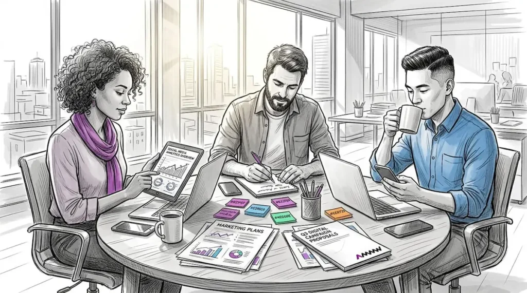 Brainstorming social media content in office