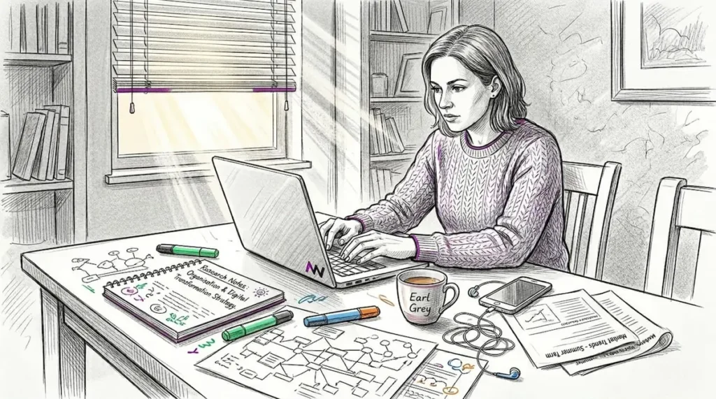 Marketer planning digital campaign at home workspace