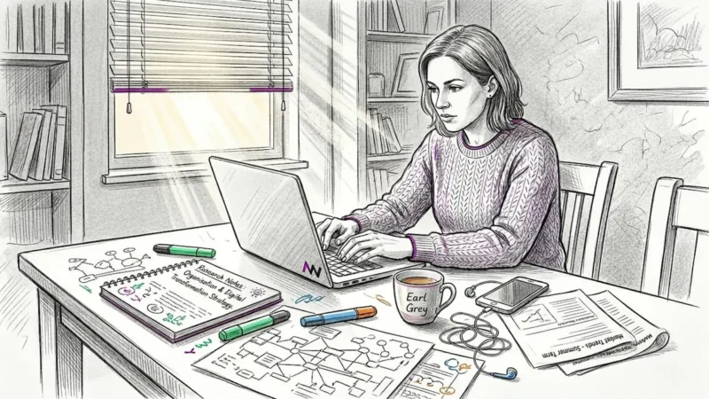 Marketer planning digital campaign at home workspace
