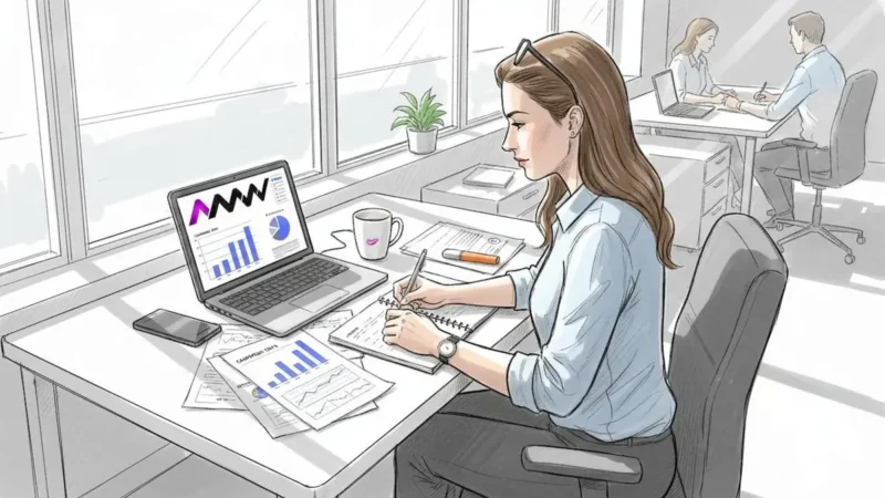 Marketer at a desk reviewing performance charts on a laptop and printed reports