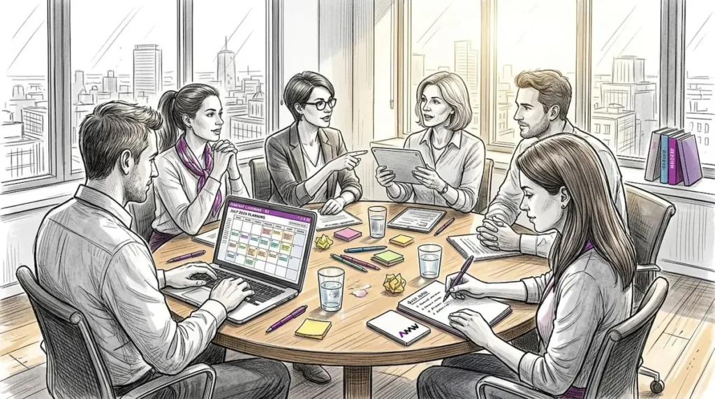 Content team planning at a round table