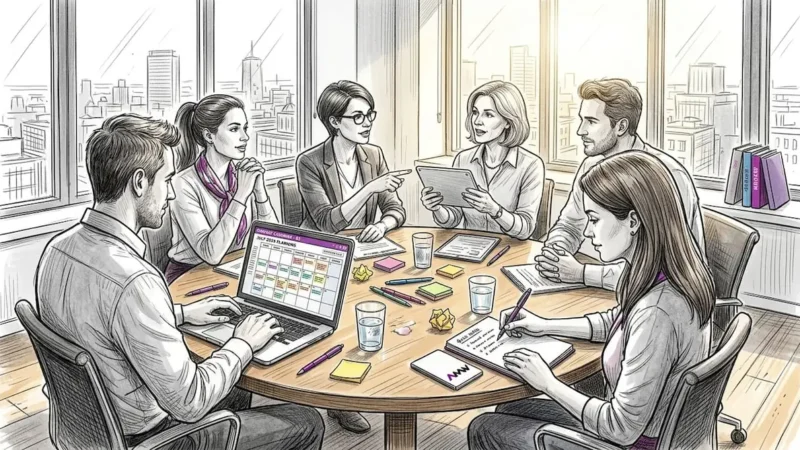 Content team planning at a round table