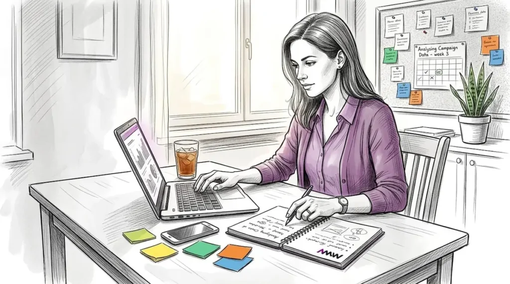 Woman planning digital marketing campaign at home office table