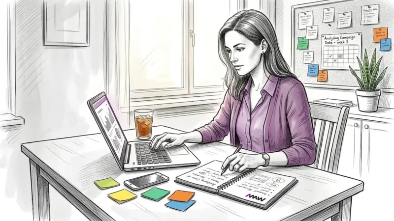 Woman planning digital marketing campaign at home office table