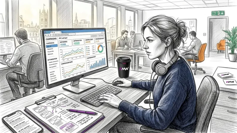 PPC manager planning ads at agency desk
