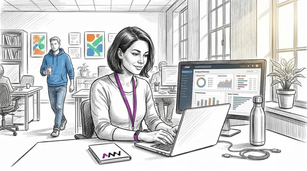Digital marketer working at open plan agency desk