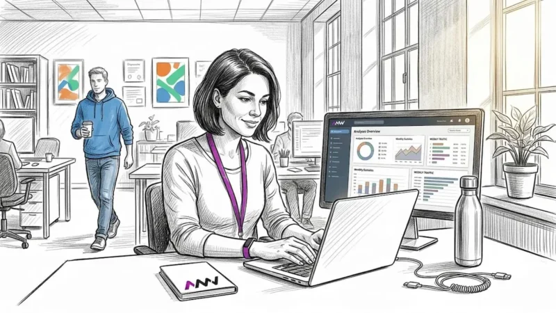 Digital marketer working at open plan agency desk