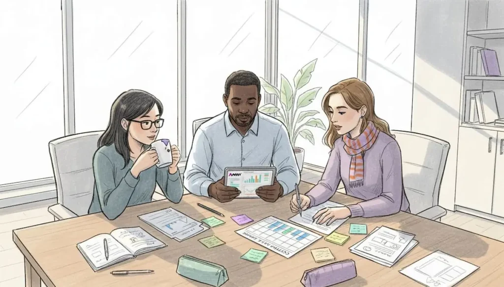 Team planning content around a table with notes and coloured cards