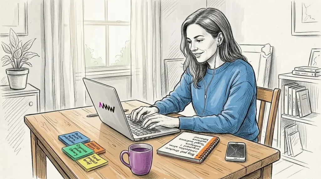 Content marketer working at home desk