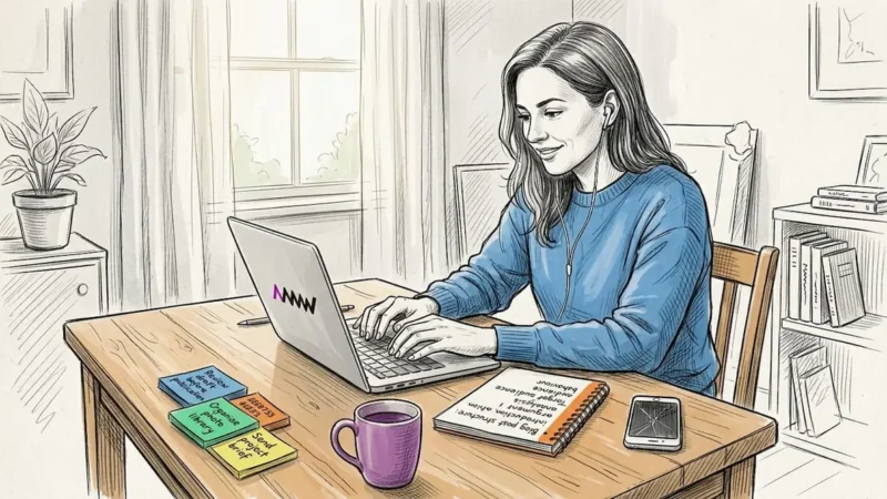 Content marketer working at home desk