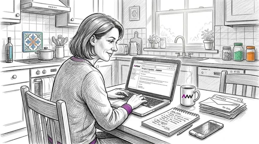 Business owner writing email at kitchen table