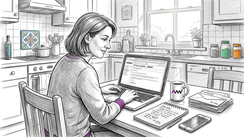 Business owner writing email at kitchen table