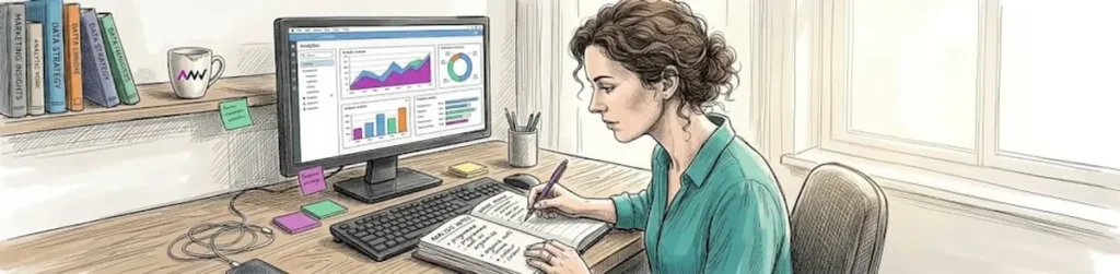 Marketer reviewing analytics in home office