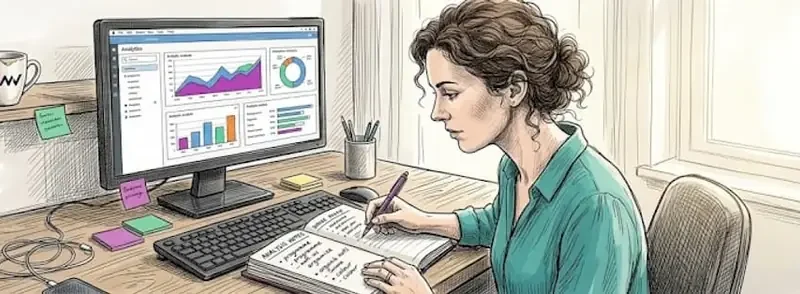 Marketer reviewing analytics in home office