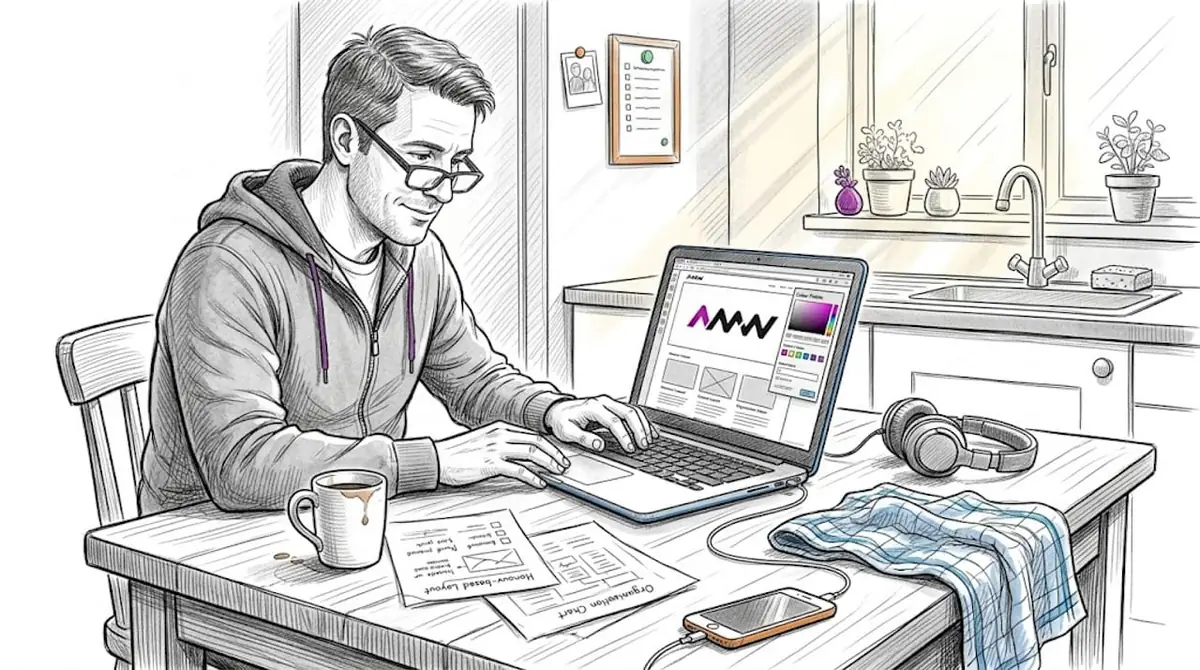 Man editing website at home kitchen table